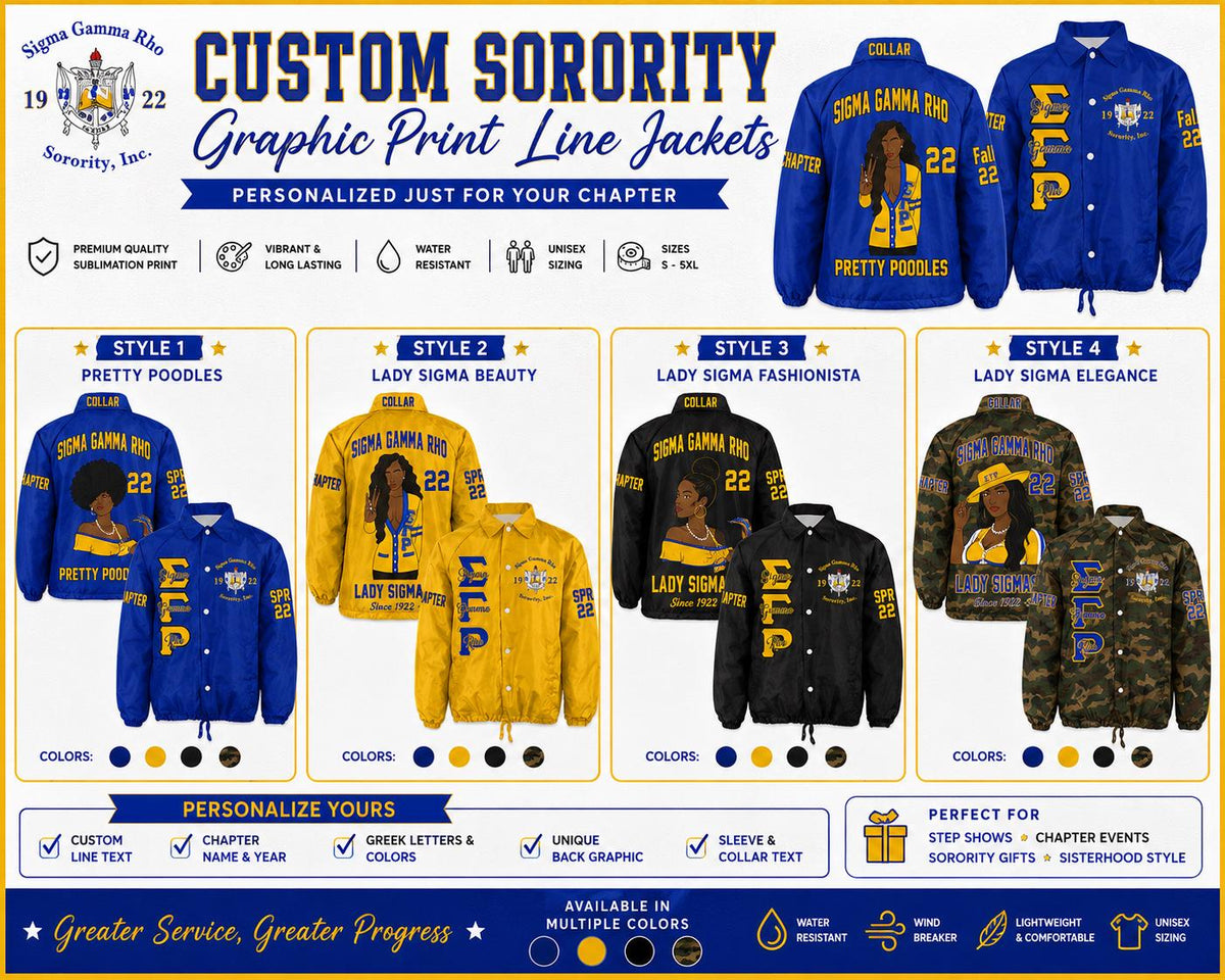 Red Sigma Gamma Rho Custom Line Jacket with personalized front, back, and sleeve embroidery