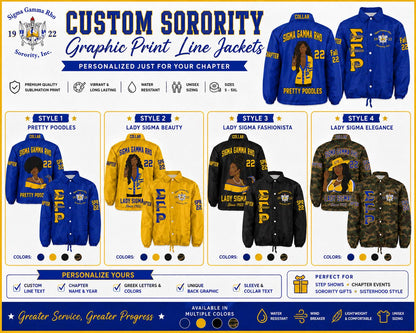 Red Sigma Gamma Rho Custom Line Jacket with personalized front, back, and sleeve embroidery