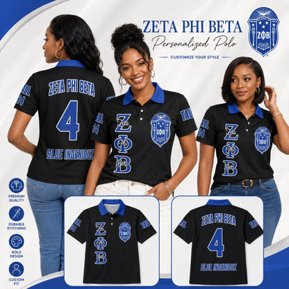 White Red custom embroidered Zeta Phi Beta polo shirt with personalized name, chapter, and line details