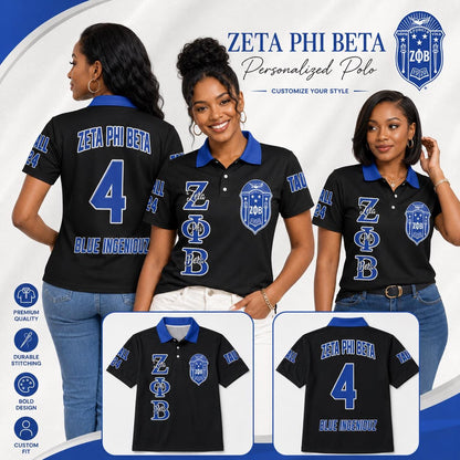 White Red custom embroidered Zeta Phi Beta polo shirt with personalized name, chapter, and line details