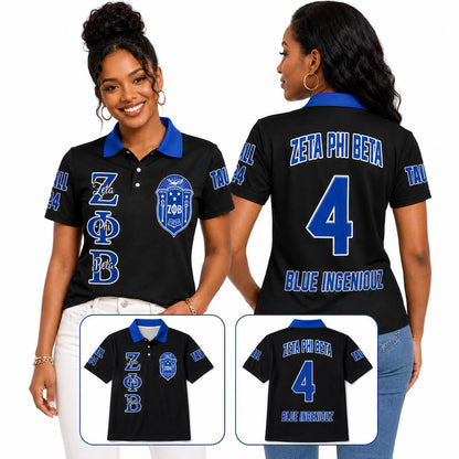 White Black custom embroidered Zeta Phi Beta polo shirt with personalized name, chapter, and line details