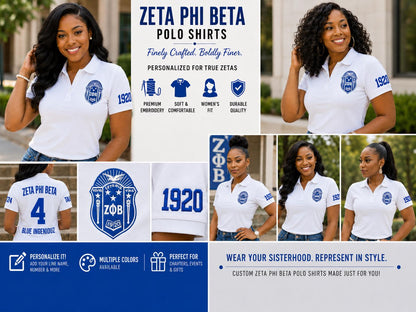 White Red custom embroidered Zeta Phi Beta polo shirt with personalized name, chapter, and line details