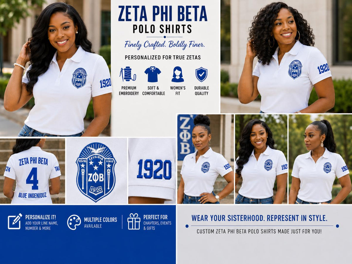 White Black custom embroidered Zeta Phi Beta polo shirt with personalized name, chapter, and line details