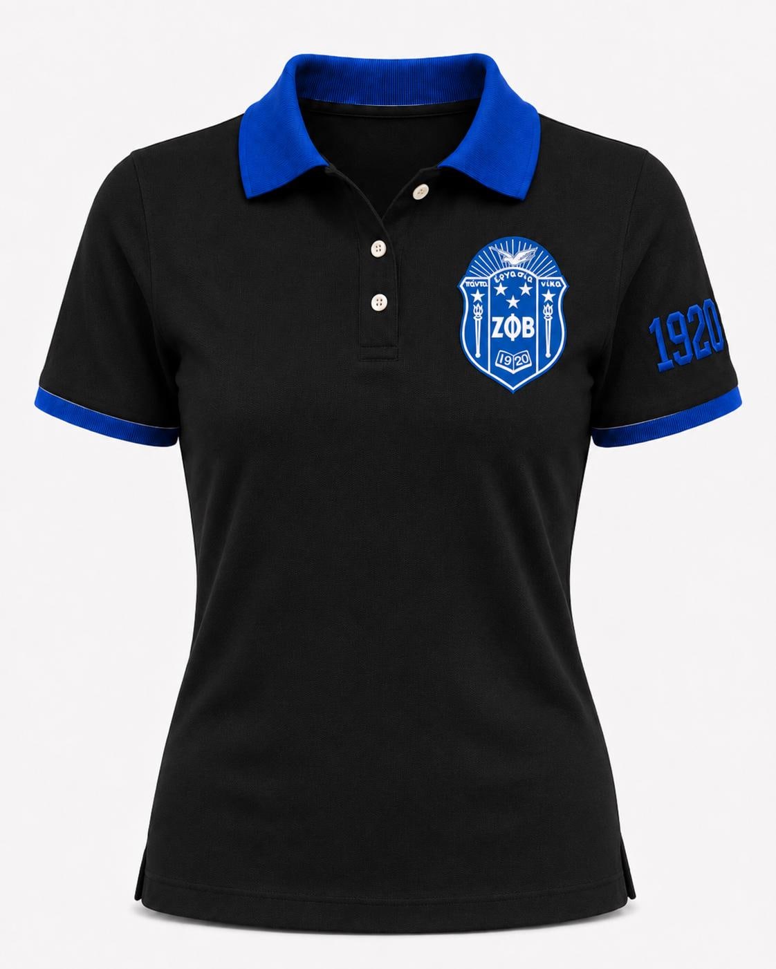 White Black custom embroidered Zeta Phi Beta polo shirt with personalized name, chapter, and line details