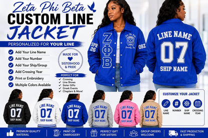 Red Zeta Phi Beta Varsity Line Jacket with personalized front, back, and sleeve embroidery
