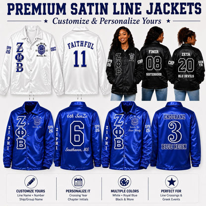 Royal Blue / Black Zeta Phi Beta Varsity Line Jacket with personalized front, back, and sleeve embroidery