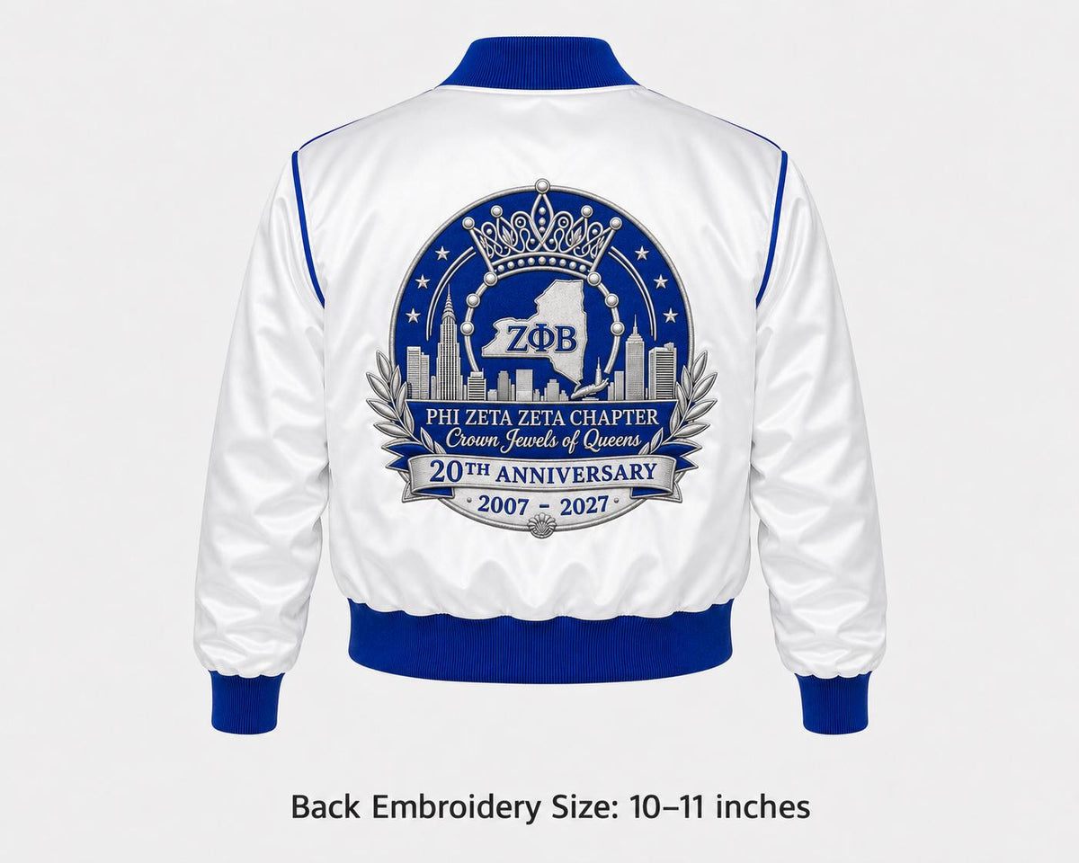 Royal Blue / White Zeta Phi Beta Cropped Line Jacket with personalized front, back, and sleeve embroidery