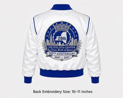 Royal Blue / White Zeta Phi Beta Cropped Line Jacket with personalized front, back, and sleeve embroidery