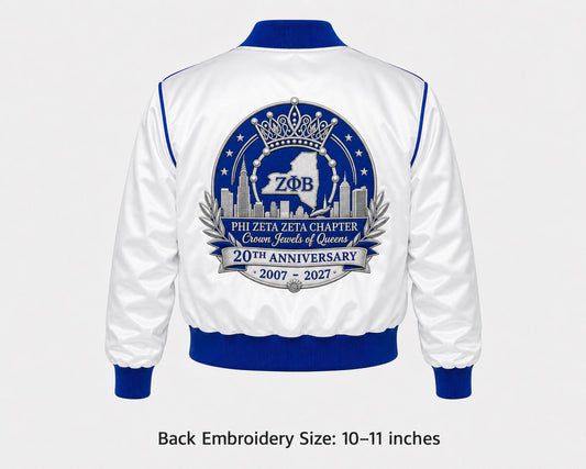Royal Blue / White Zeta Phi Beta Cropped Line Jacket with personalized front, back, and sleeve embroidery