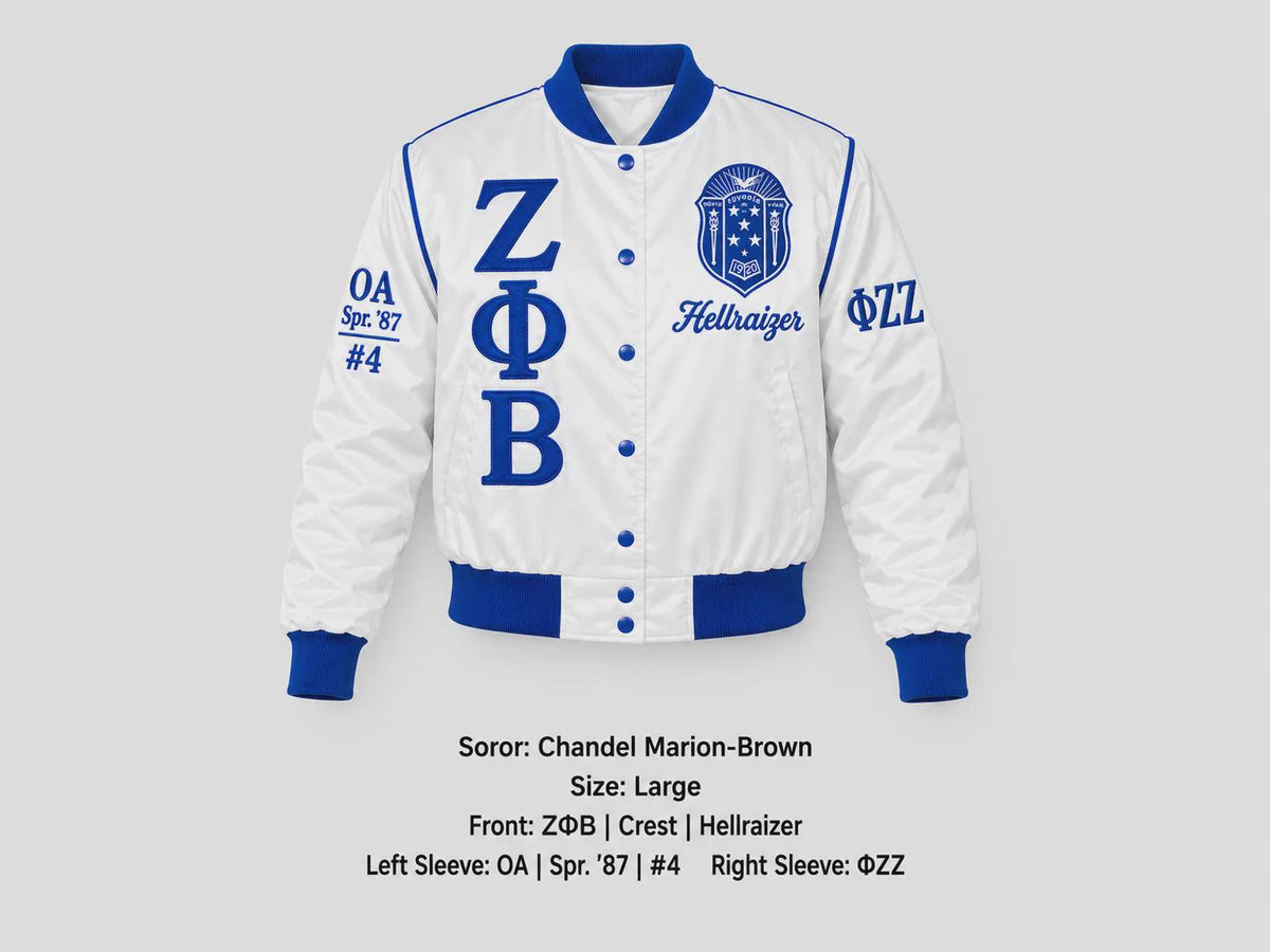 Royal Blue / White Zeta Phi Beta Cropped Line Jacket with personalized front, back, and sleeve embroidery