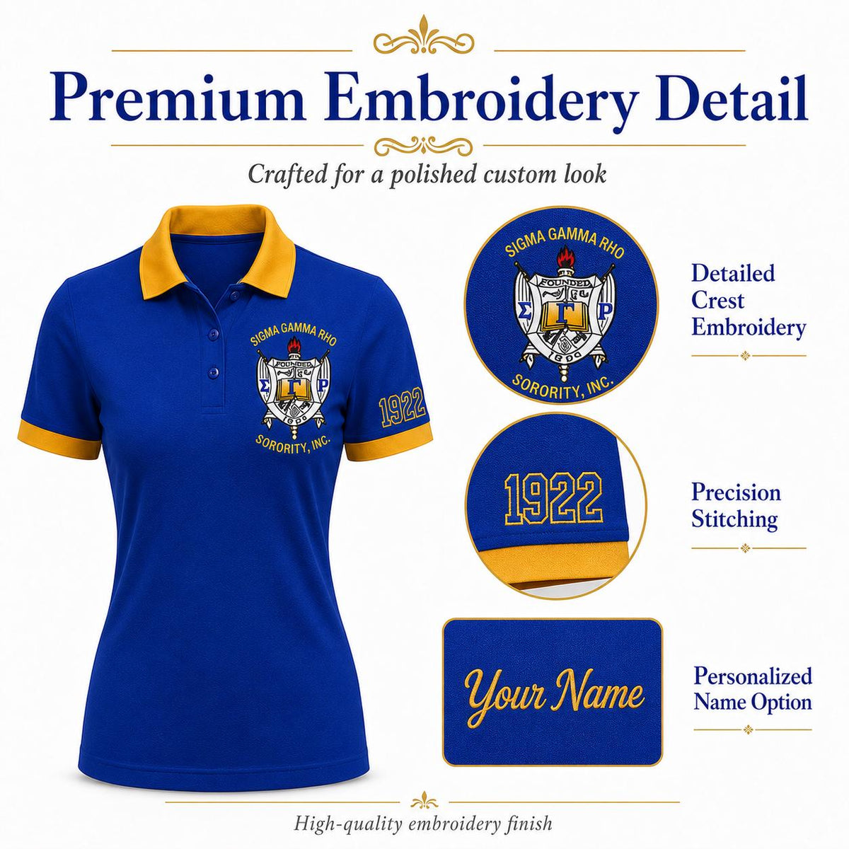 Royal Blue Gold custom embroidered Sigma Gamma Rho polo shirt with personalized name, chapter, and line details