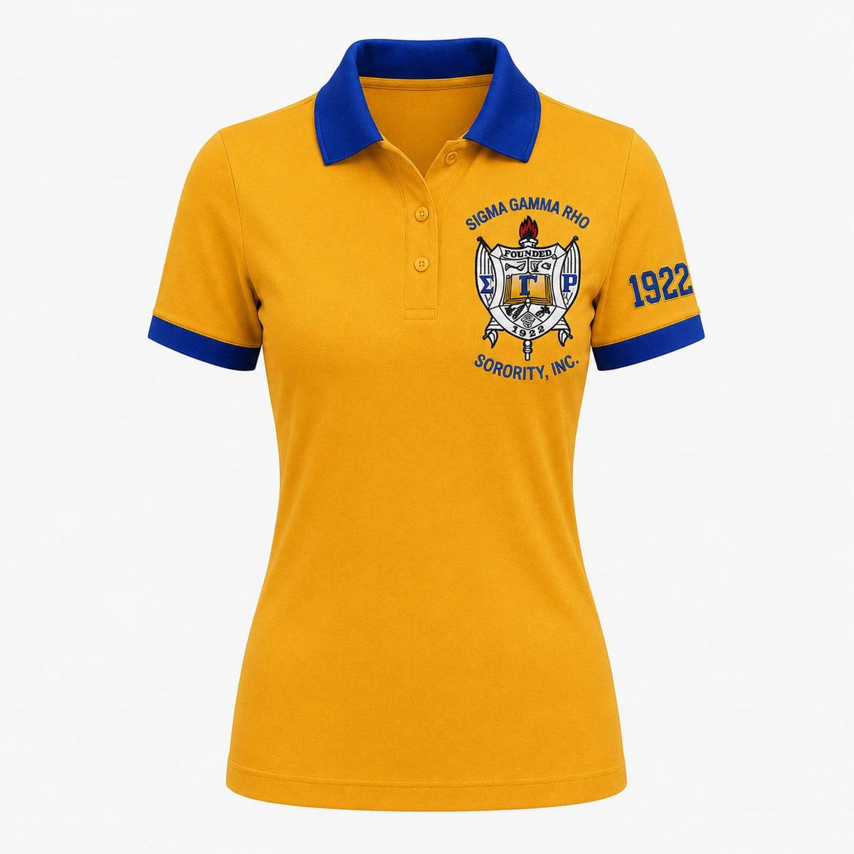 Royal Blue Black custom embroidered Sigma Gamma Rho polo shirt with personalized name, chapter, and line details