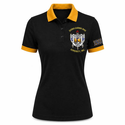 Royal Blue Gold custom embroidered Sigma Gamma Rho polo shirt with personalized name, chapter, and line details
