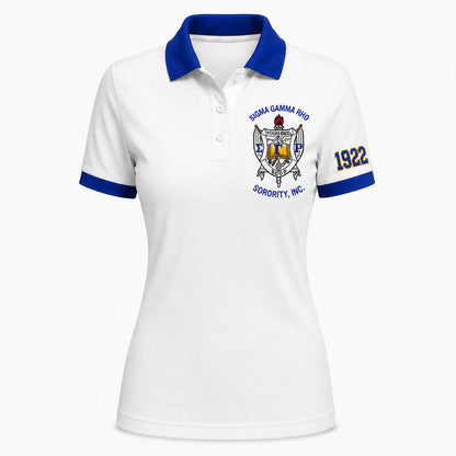 Royal Blue Gold custom embroidered Sigma Gamma Rho polo shirt with personalized name, chapter, and line details