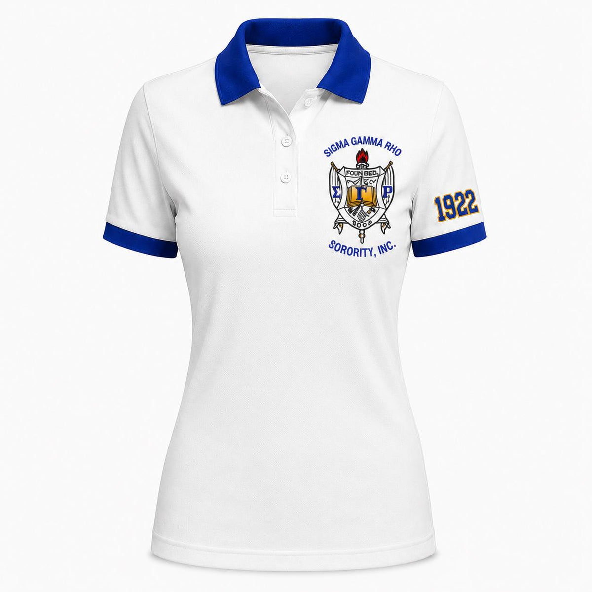 Royal Blue White custom embroidered Sigma Gamma Rho polo shirt with personalized name, chapter, and line details