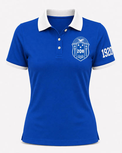 White Red custom embroidered Zeta Phi Beta polo shirt with personalized name, chapter, and line details