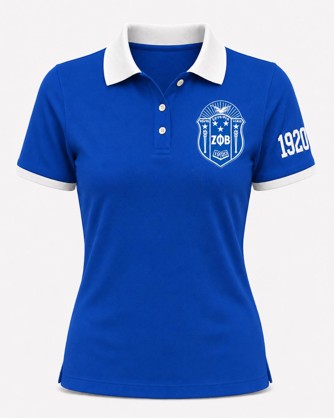 White Black custom embroidered Zeta Phi Beta polo shirt with personalized name, chapter, and line details