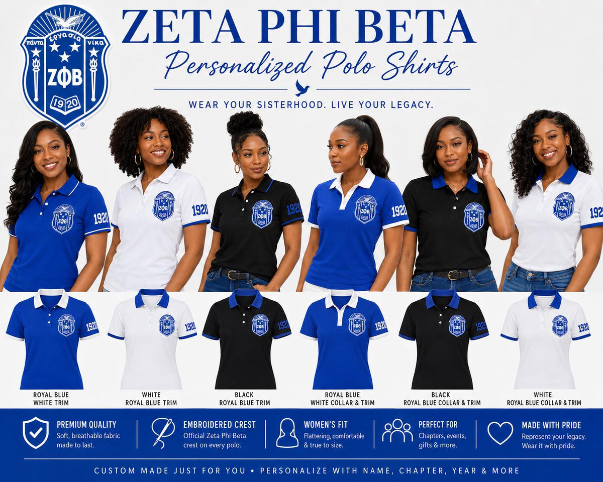 White Red custom embroidered Zeta Phi Beta polo shirt with personalized name, chapter, and line details