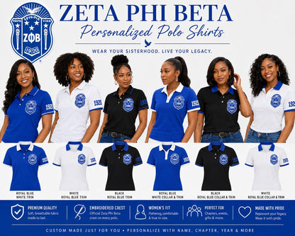 White Red custom embroidered Zeta Phi Beta polo shirt with personalized name, chapter, and line details