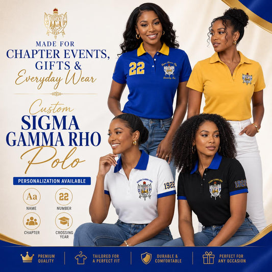 Gold Red custom embroidered Sigma Gamma Rho polo shirt with personalized name, chapter, and line details
