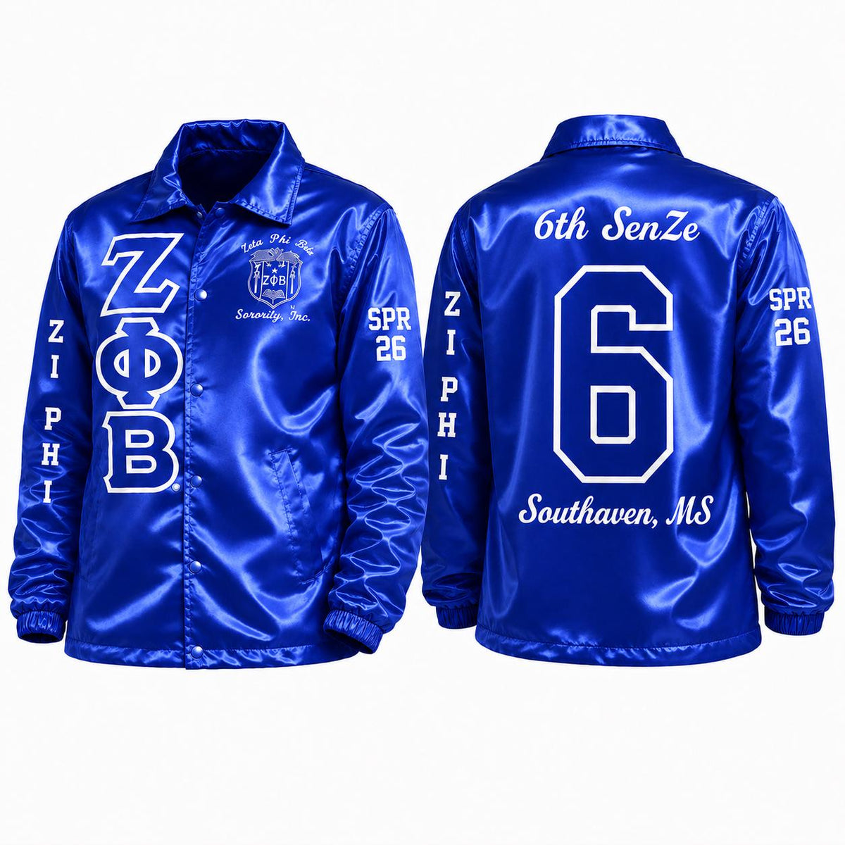 Royal Blue / Black Zeta Phi Beta Varsity Line Jacket with personalized front, back, and sleeve embroidery