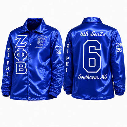 Royal Blue / Black Zeta Phi Beta Varsity Line Jacket with personalized front, back, and sleeve embroidery