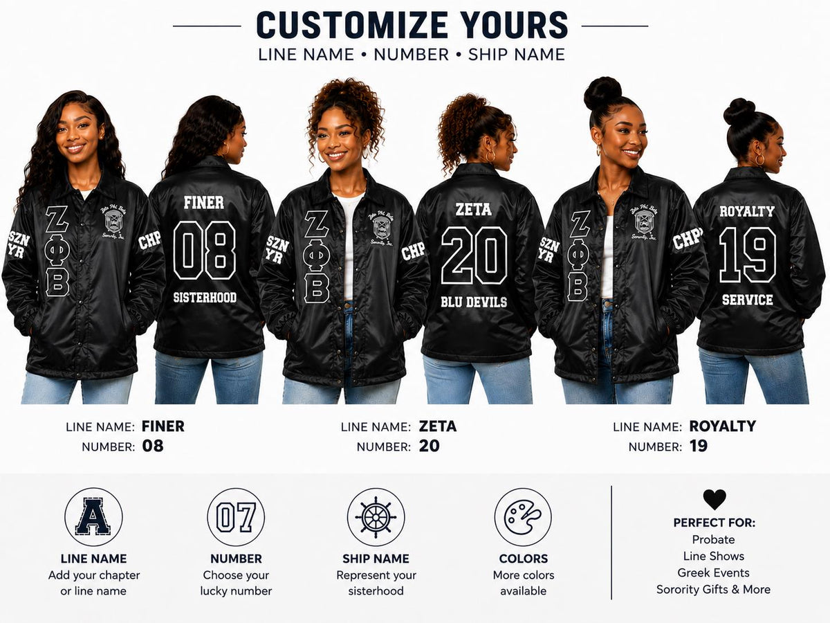 Royal Blue / Black Zeta Phi Beta Varsity Line Jacket with personalized front, back, and sleeve embroidery
