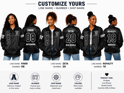Royal Blue / Black Zeta Phi Beta Varsity Line Jacket with personalized front, back, and sleeve embroidery