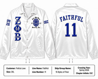Royal Blue / Black Zeta Phi Beta Varsity Line Jacket with personalized front, back, and sleeve embroidery