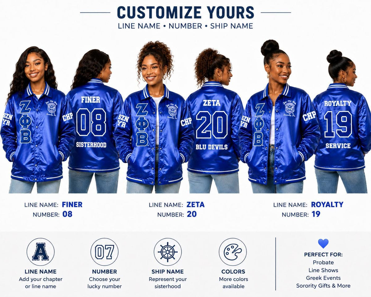 Royal Blue / Black Zeta Phi Beta Varsity Line Jacket with personalized front, back, and sleeve embroidery