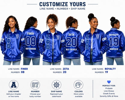 Royal Blue / Black Zeta Phi Beta Varsity Line Jacket with personalized front, back, and sleeve embroidery