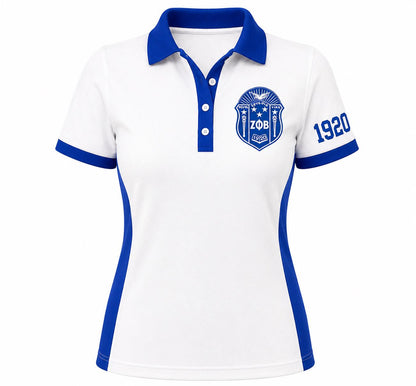 Royal Blue White custom embroidered Zeta Phi Beta polo shirt with personalized name, chapter, and line details