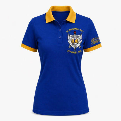 Royal Blue Black custom embroidered Sigma Gamma Rho polo shirt with personalized name, chapter, and line details