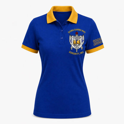 Royal Blue White custom embroidered Sigma Gamma Rho polo shirt with personalized name, chapter, and line details