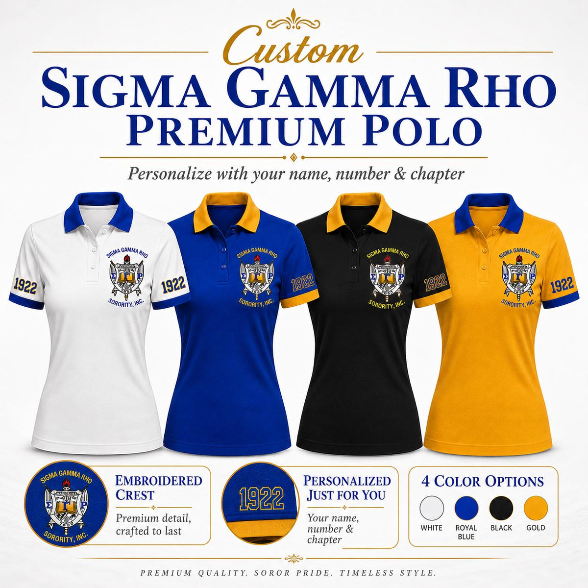 Royal Blue White custom embroidered greek polo shirt with personalized name, chapter, and line details