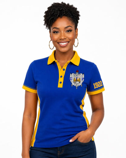 Royal Blue Gold custom embroidered Sigma Gamma Rho polo shirt with personalized name, chapter, and line details