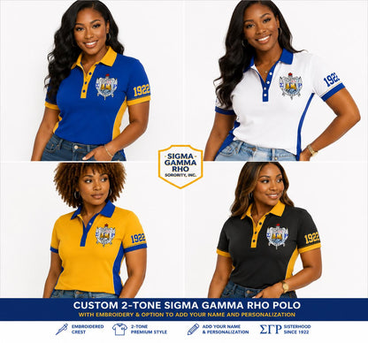 Royal Blue Gold custom embroidered Sigma Gamma Rho polo shirt with personalized name, chapter, and line details