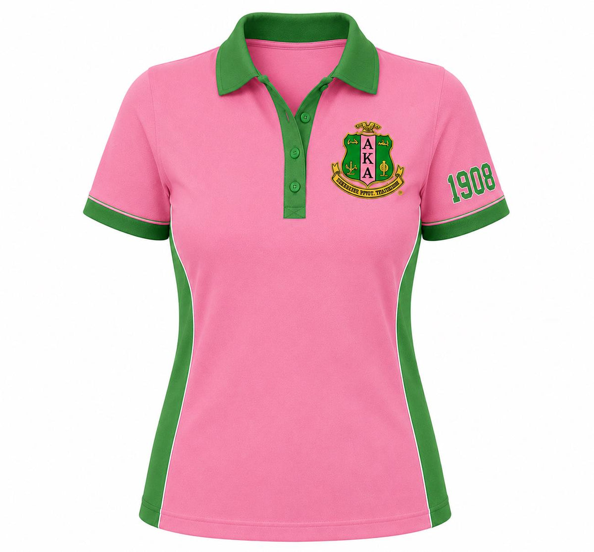 Red Pink custom embroidered Alpha Kappa Alpha polo shirt with personalized name, chapter, and line details