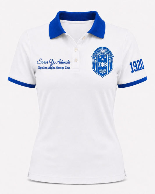 Royal Blue White custom embroidered greek polo shirt with personalized name, chapter, and line details