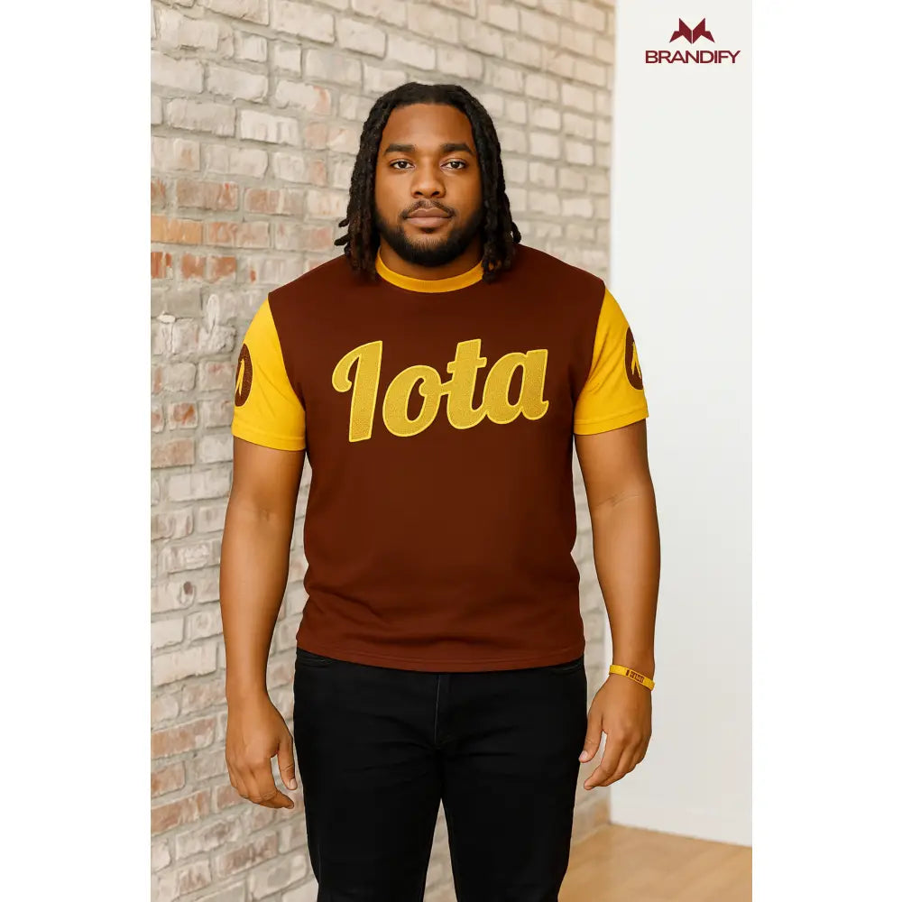 Custom Greek Letter Chenille Tee Style 10 front view with raised chenille Greek lettering