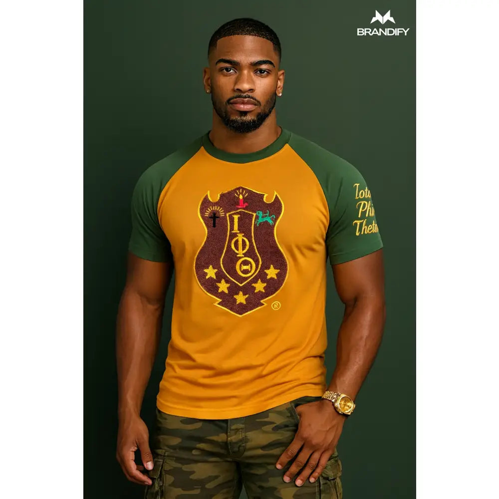 Custom Shield Iota Phi Theta Raglan Tee front view with organization colors and custom design