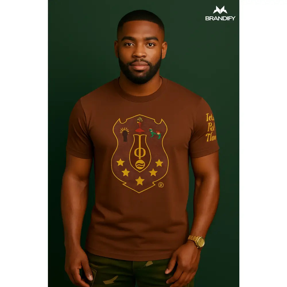 Custom Shield Iota Phi Theta Printed T-Shirt front view with organization colors and custom design