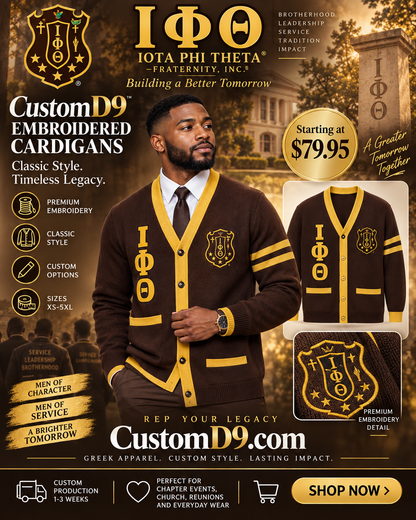 Iota Phi Theta brown and gold embroidered cardigan poster Pirani9