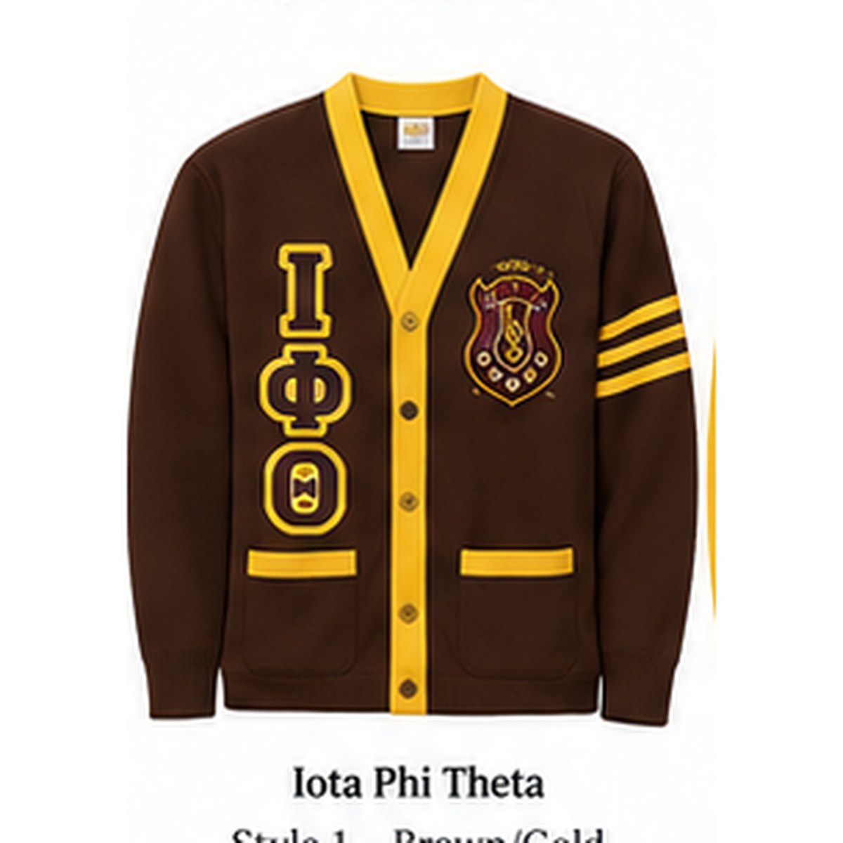 Iota Phi Theta brown cardigan with gold trim, stacked Greek letters and crest