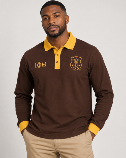 Iota Phi Theta brown and gold long-sleeve contrast polo with embroidered crest and Greek letters on male model