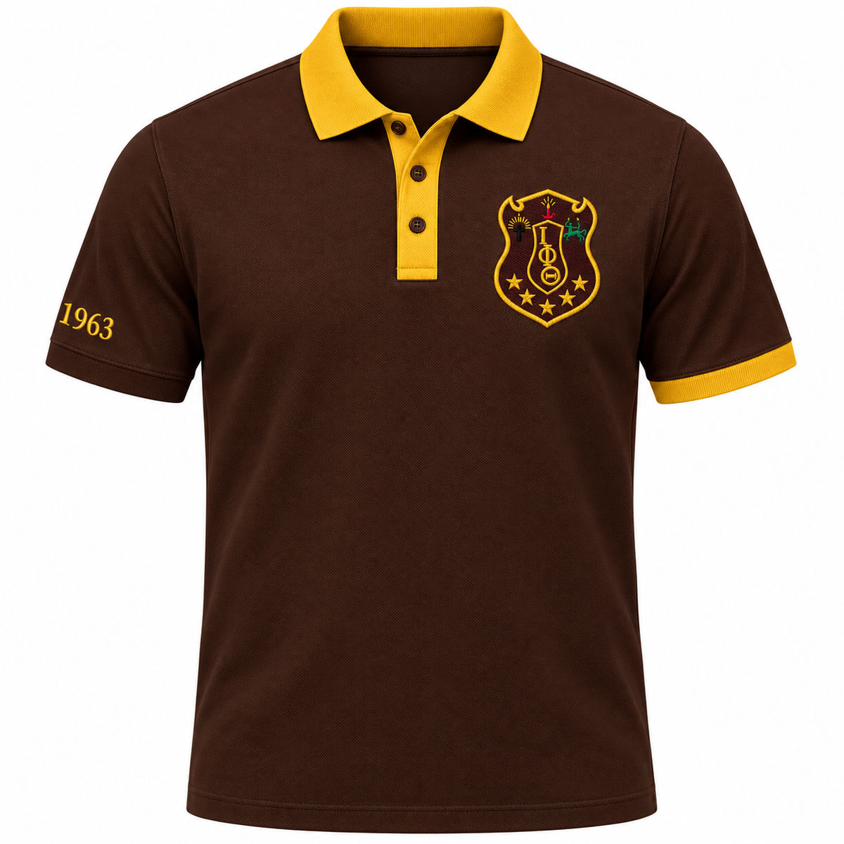 Iota Phi Theta brown and gold polo product view with crest and 1963 sleeve embroidery