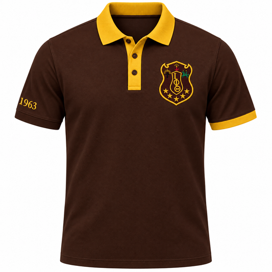 Iota Phi Theta brown and gold polo product view with crest and 1963 sleeve embroidery