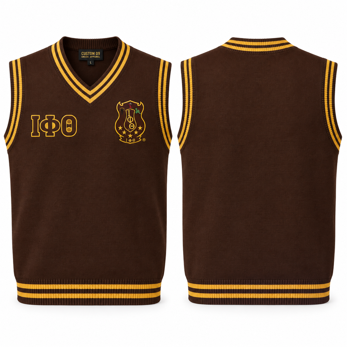 Iota Phi Theta brown and gold varsity sweater vest with crest and Greek letters, front and back views