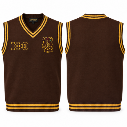 Iota Phi Theta brown and gold varsity sweater vest with crest and Greek letters, front and back views