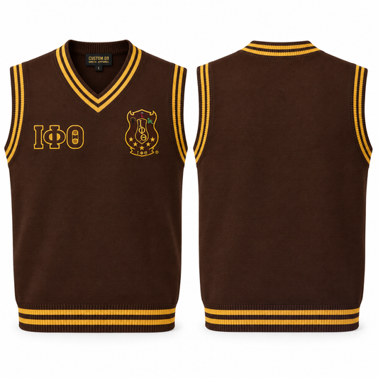 Iota Phi Theta brown and gold varsity sweater vest with crest and Greek letters, front and back views
